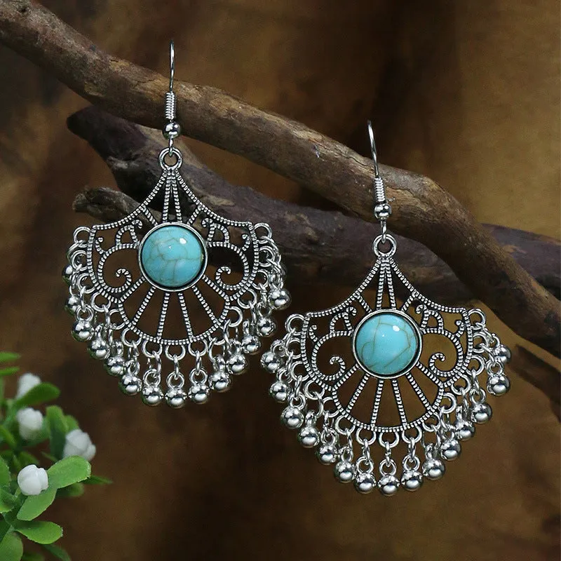 Women's retro exaggerated earrings with geometric shape and tassel details in alloy with electroplating finish