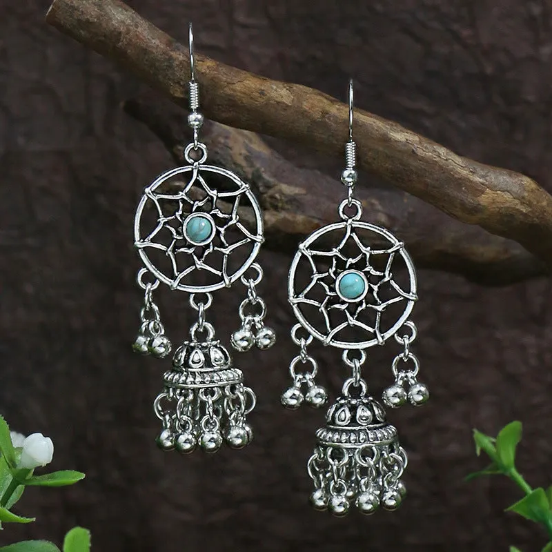 Women's retro exaggerated earrings with geometric shape and tassel details in alloy with electroplating finish