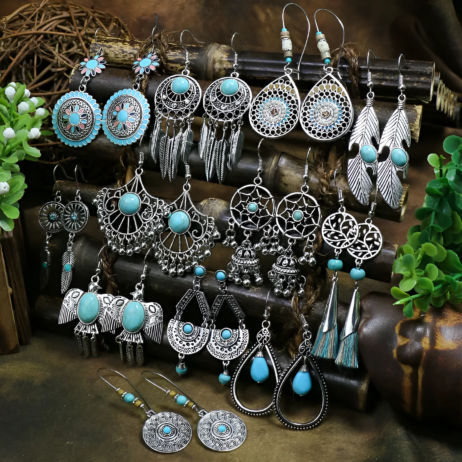 Women's retro exaggerated earrings with geometric shape and tassel details in alloy with electroplating finish