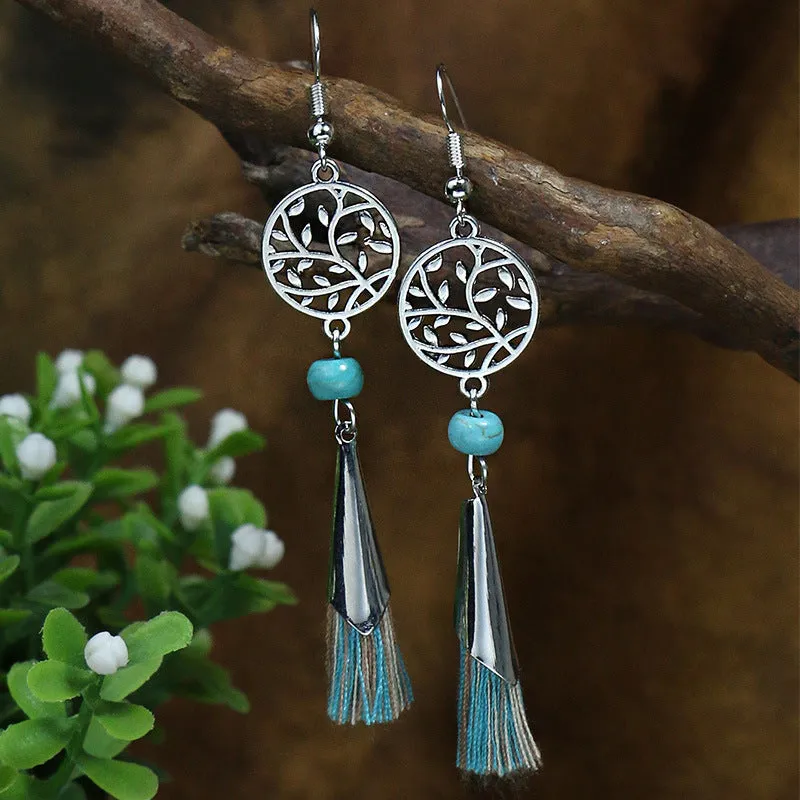 Women's retro exaggerated earrings with geometric shape and tassel details in alloy with electroplating finish