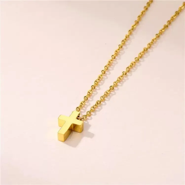 Classic titanium steel cross pendant necklace on O-ring chain in gold colour finish, adjustable 41-50cm
