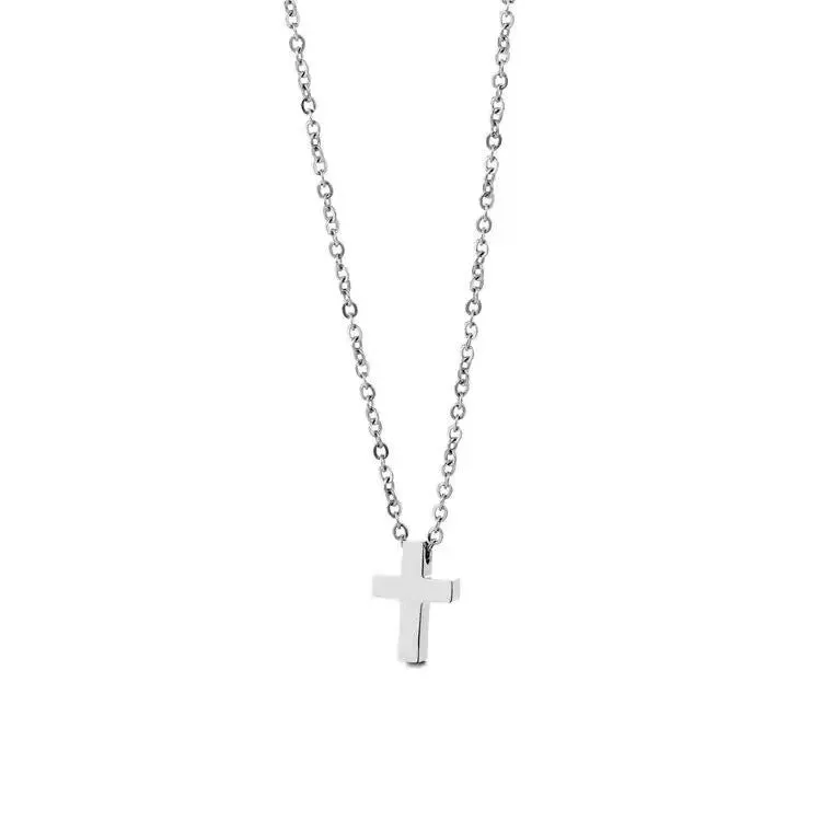 Classic titanium steel cross pendant necklace on O-ring chain in gold colour finish, adjustable 41-50cm