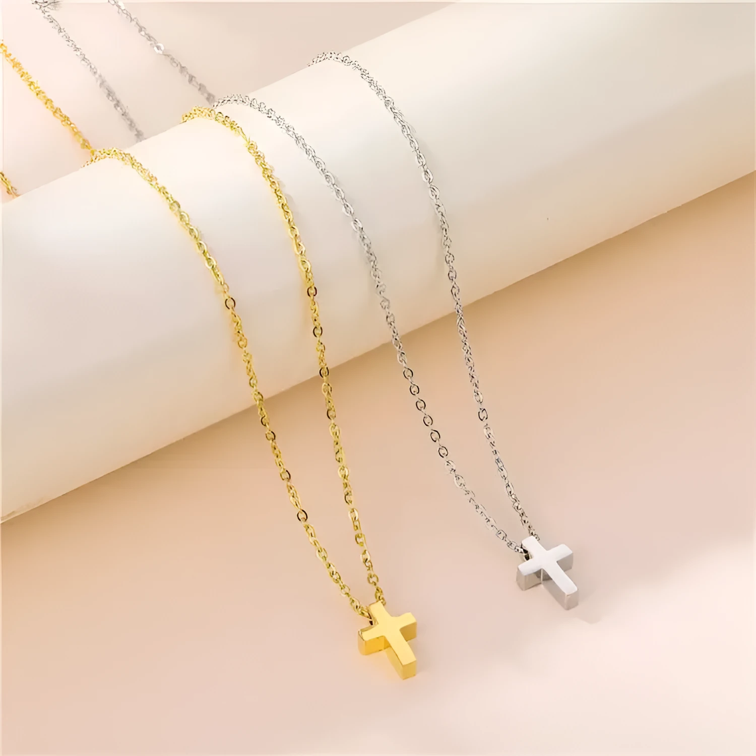 Classic titanium steel cross pendant necklace on O-ring chain in gold colour finish, adjustable 41-50cm