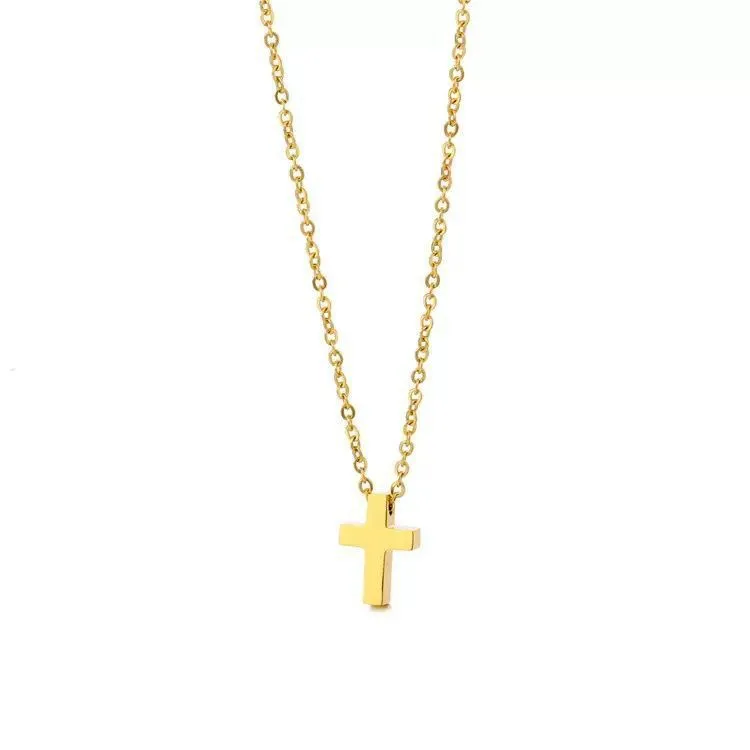 Classic titanium steel cross pendant necklace on O-ring chain in gold colour finish, adjustable 41-50cm
