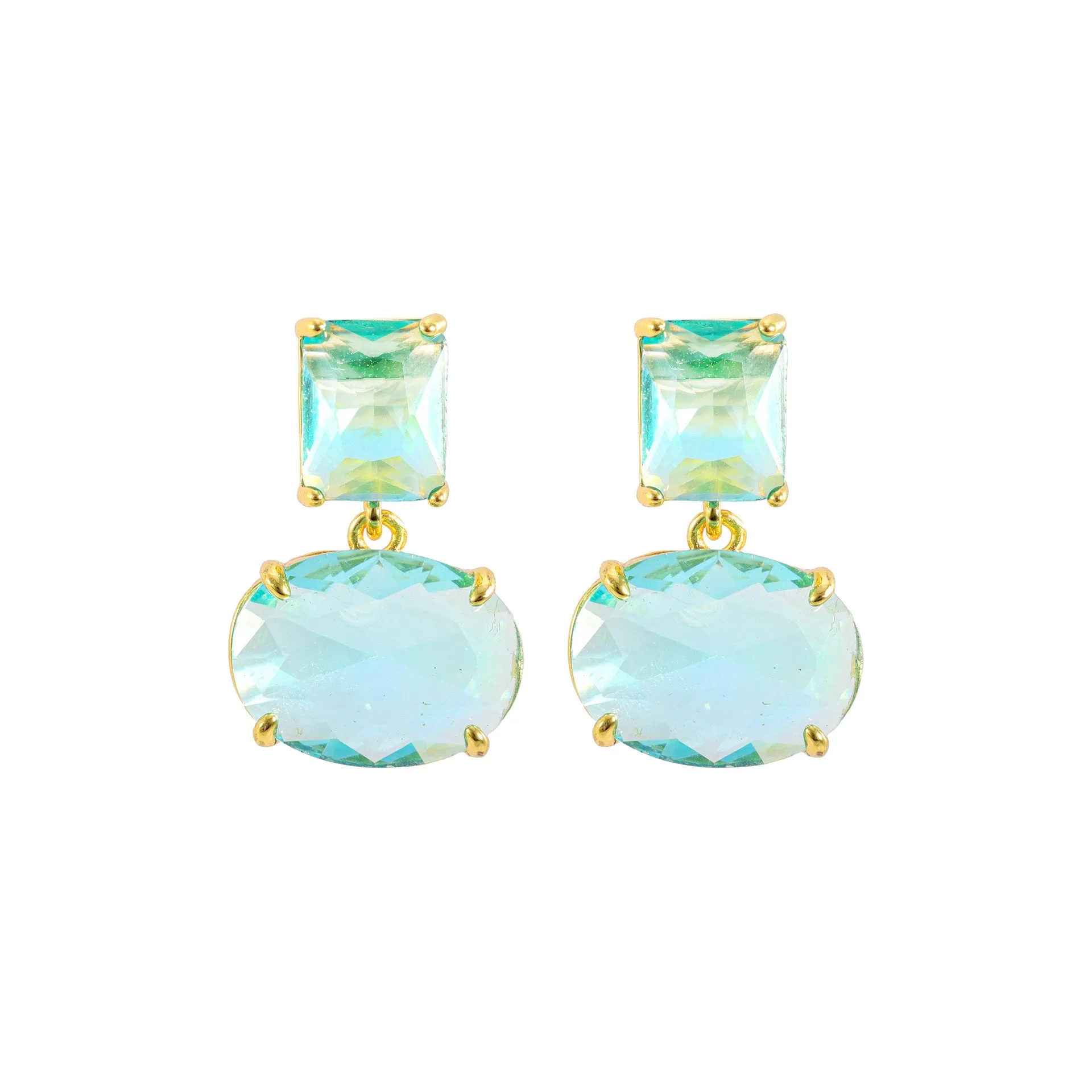 Crystal geometric ellipse earrings in golden blue with real gold plating and glass pendant on copper base
