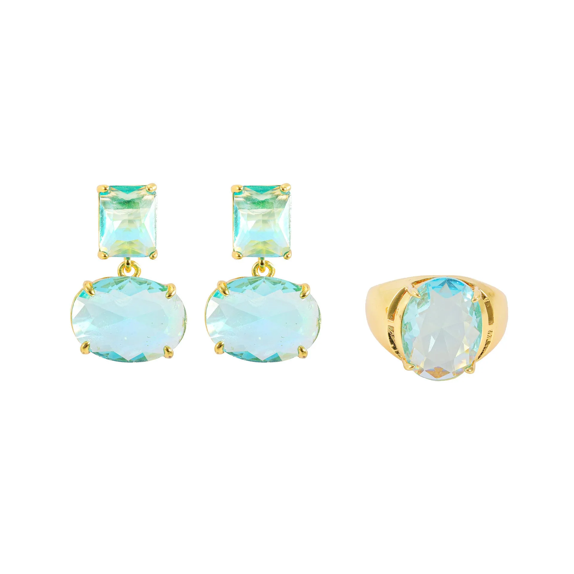 Crystal geometric ellipse earrings in golden blue with real gold plating and glass pendant on copper base