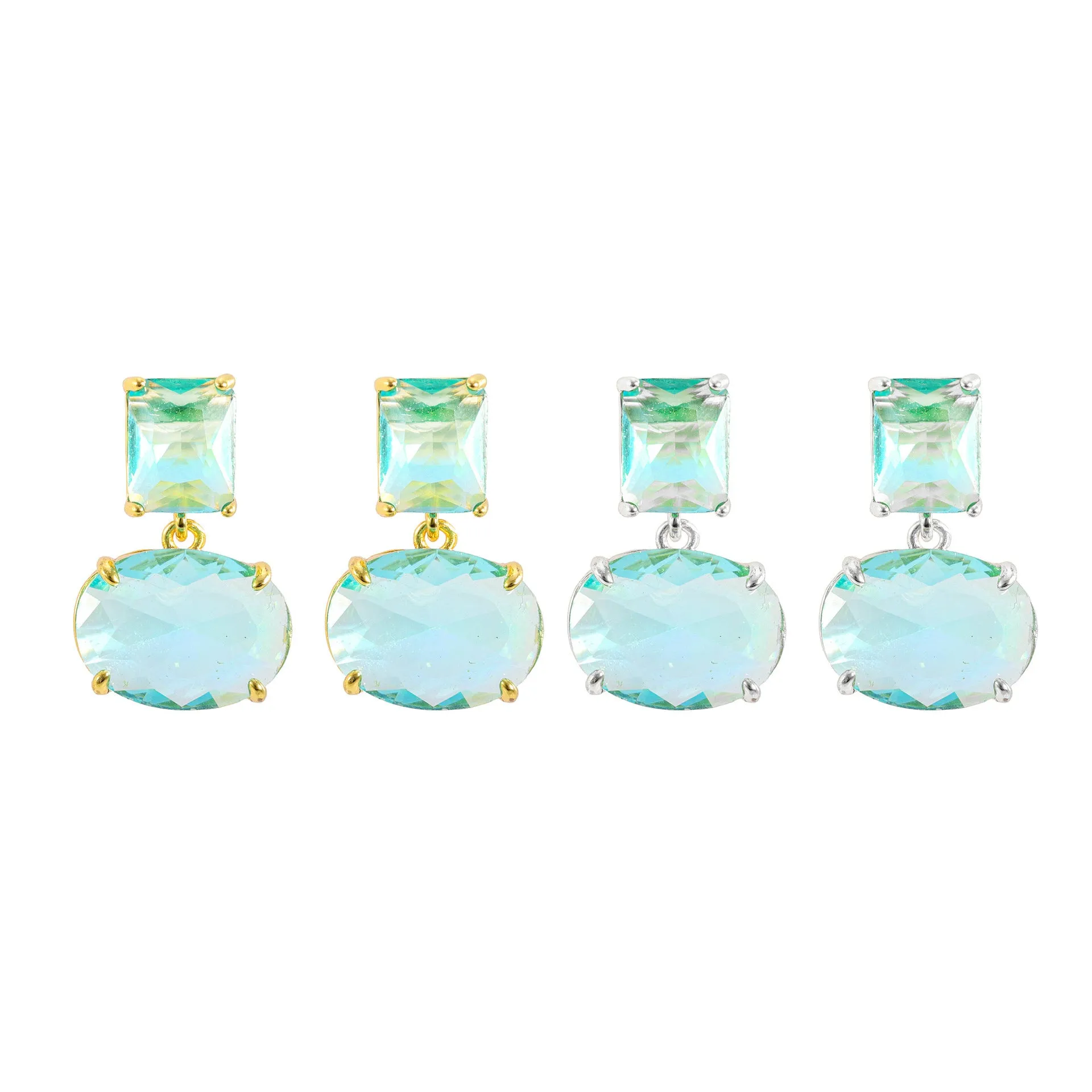 Crystal geometric ellipse earrings in golden blue with real gold plating and glass pendant on copper base