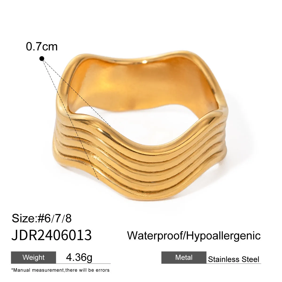 Stainless steel wide geometric wave ring with Korean style electroplated finish.
