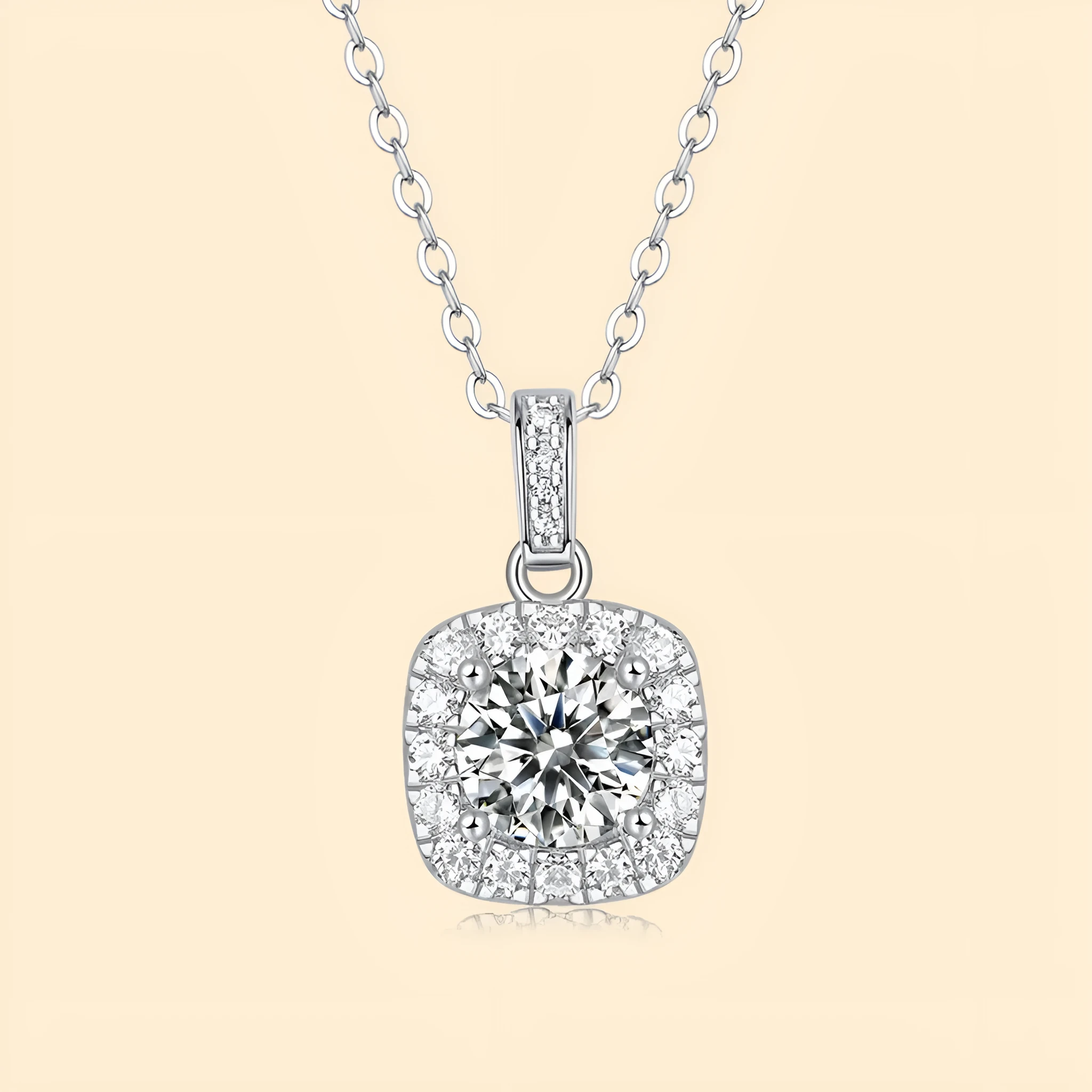 925 silver moissanite cube sugar pendant on ball bead chain against neutral background