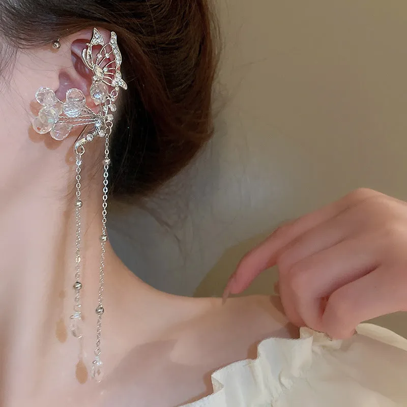 No pierced silver butterfly crystal tassel ear hanging on alloy clip-on for women