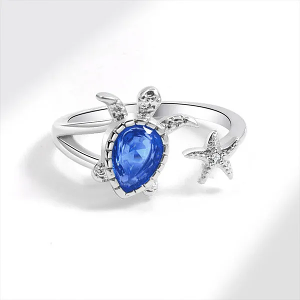 Blue alloy ring with turtle and starfish designs, women's vacation style, size 6-10