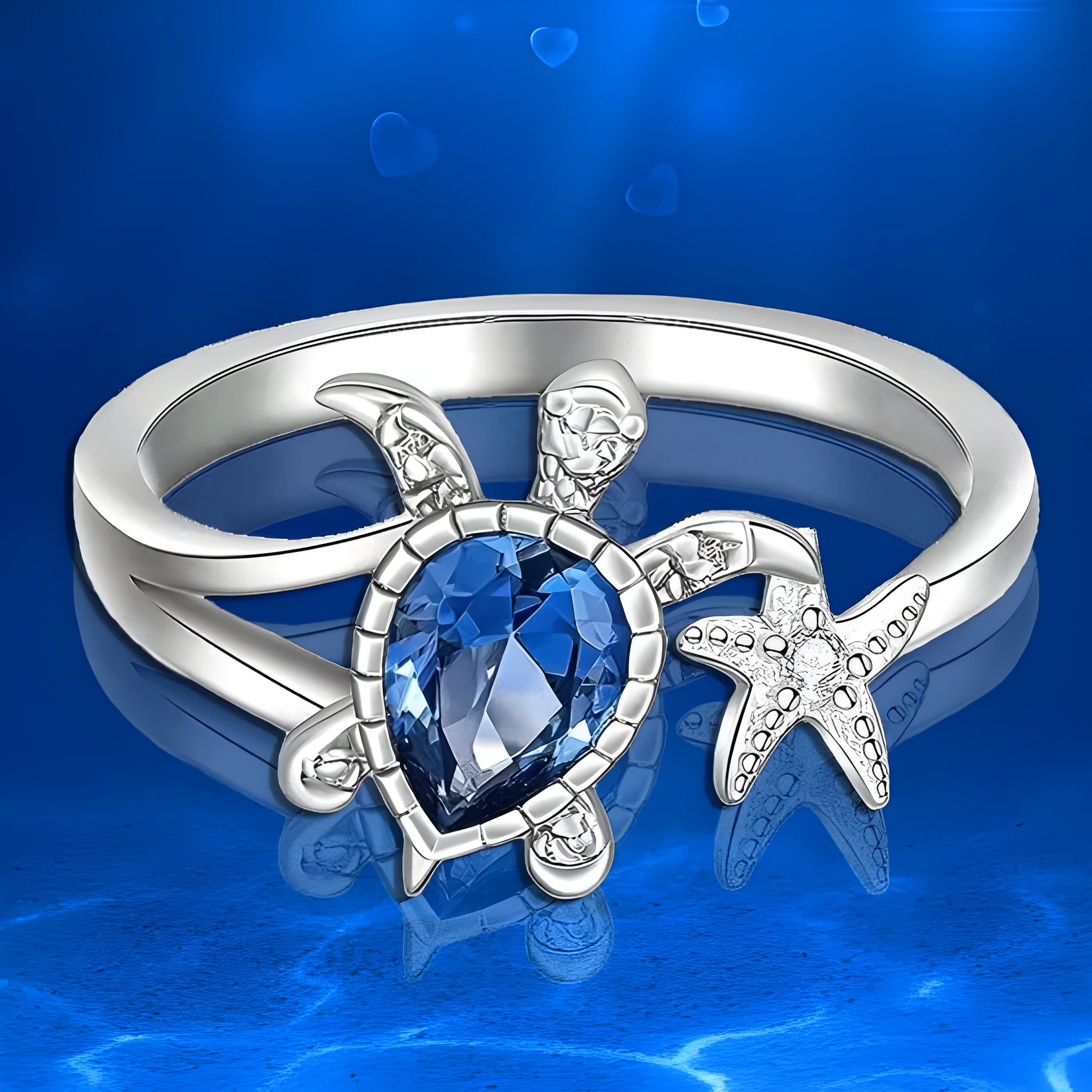 Blue alloy ring with turtle and starfish designs, women's vacation style, size 6-10