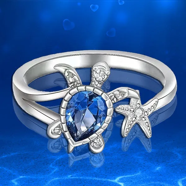 Blue alloy ring with turtle and starfish designs, women's vacation style, size 6-10