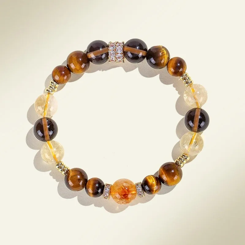 Natural citrine crystal string beads bracelet with 10mm yellow Asai tiger-eye and tower crystal beads for women