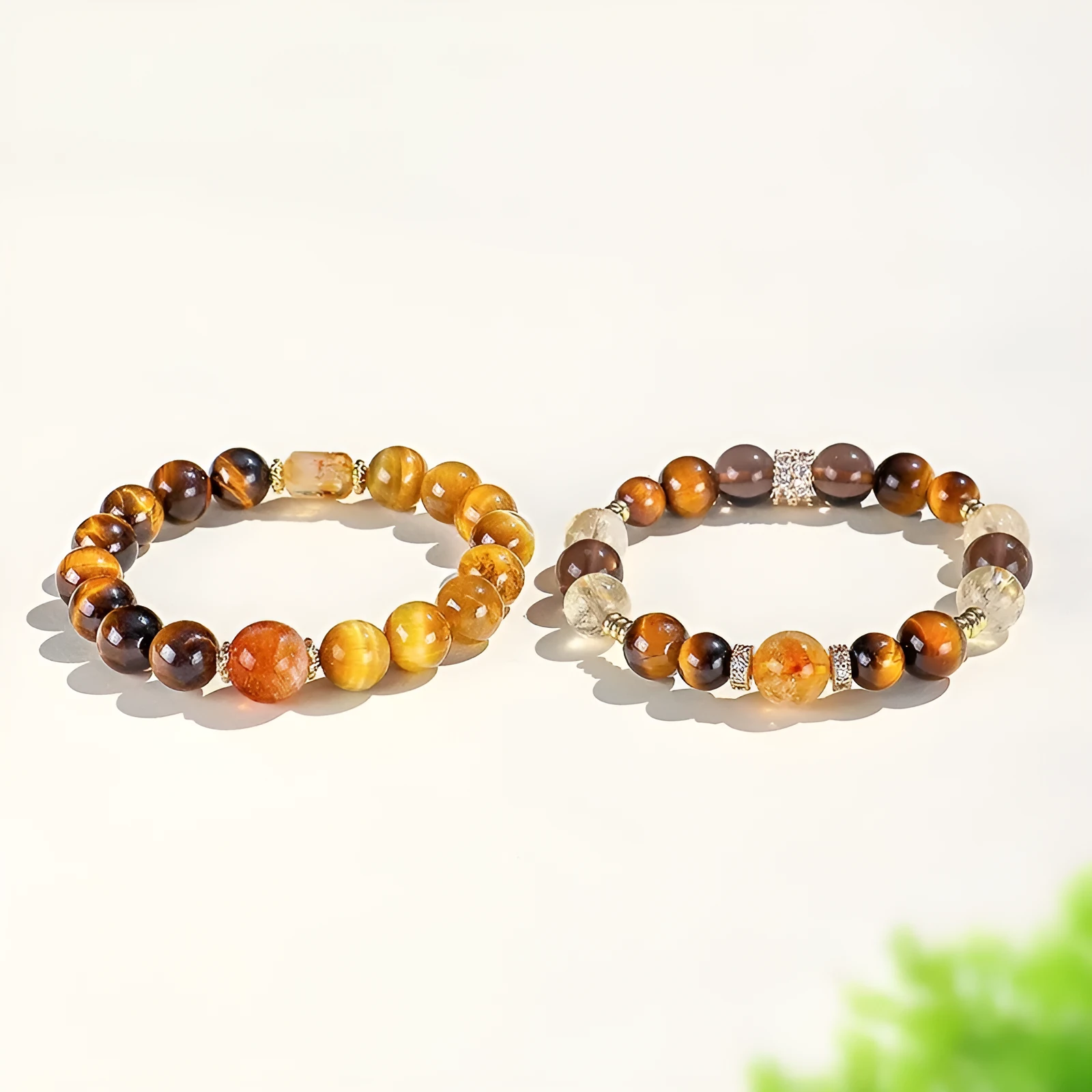 Natural citrine crystal string beads bracelet with 10mm yellow Asai tiger-eye and tower crystal beads for women