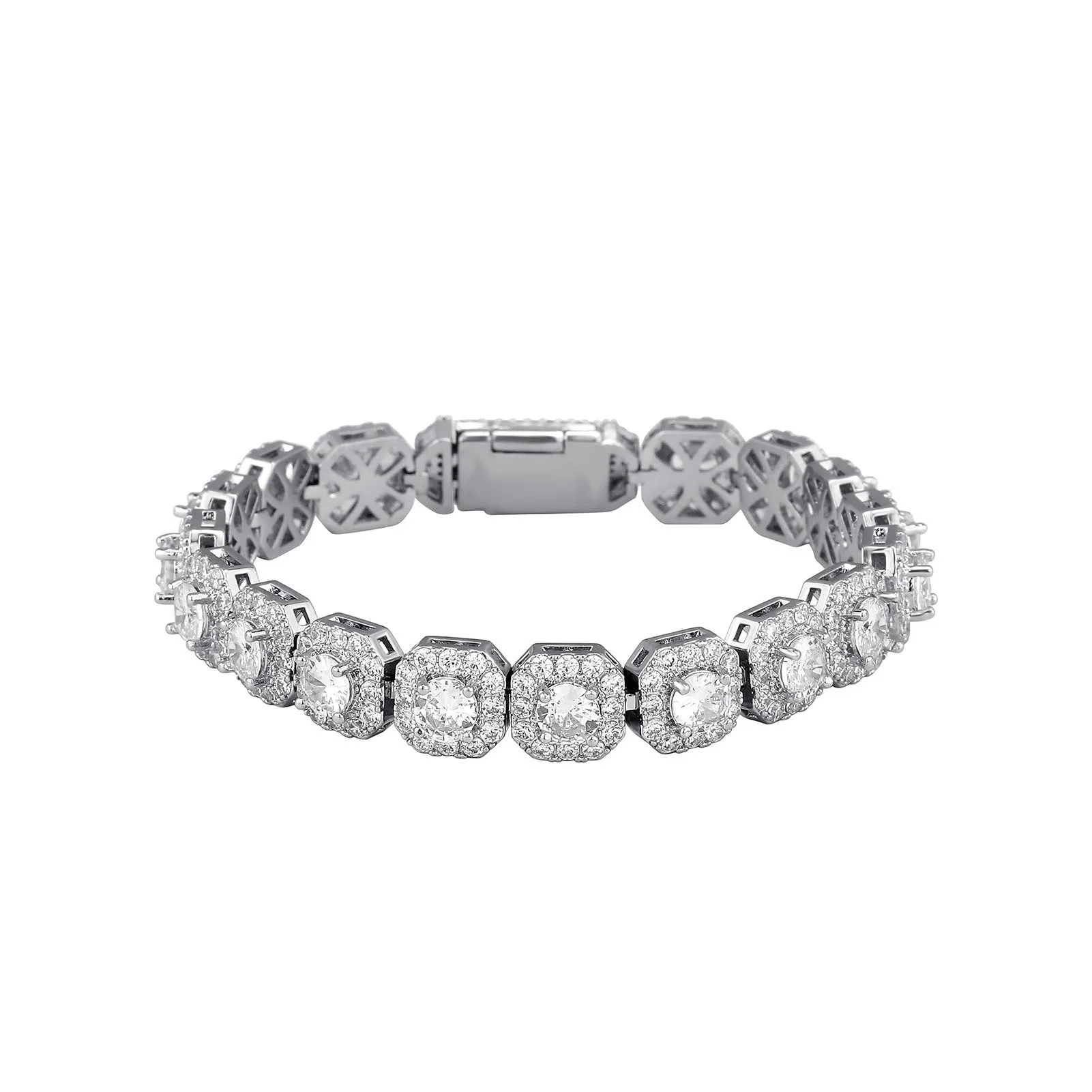 Men's silver zircon flip Cuban chain bracelet on wrist showing inlaid zircon and clasp detail