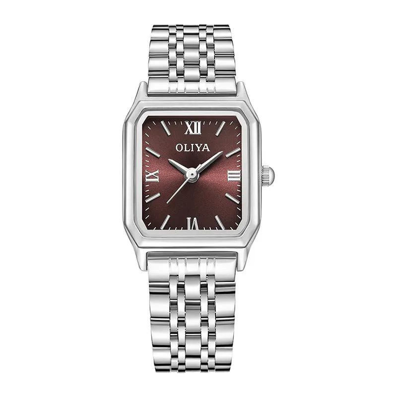 Women's square casual watch with white shell coffee dial, stainless steel strap, and mineral glass mirror on light background