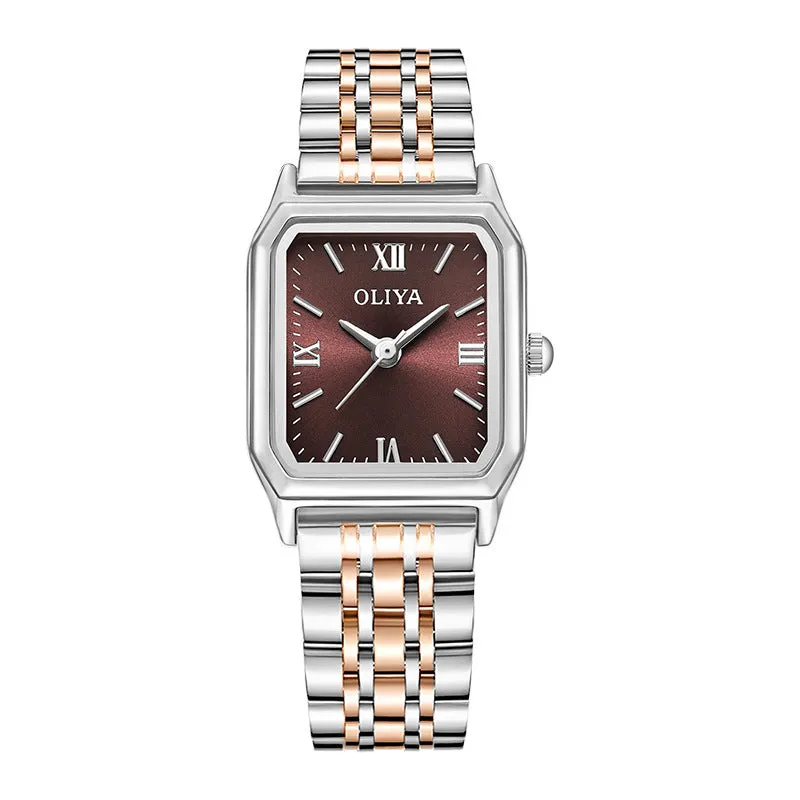 Women's square casual watch with white shell coffee dial, stainless steel strap, and mineral glass mirror on light background