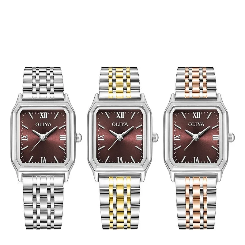 Women's square casual watch with white shell coffee dial, stainless steel strap, and mineral glass mirror on light background
