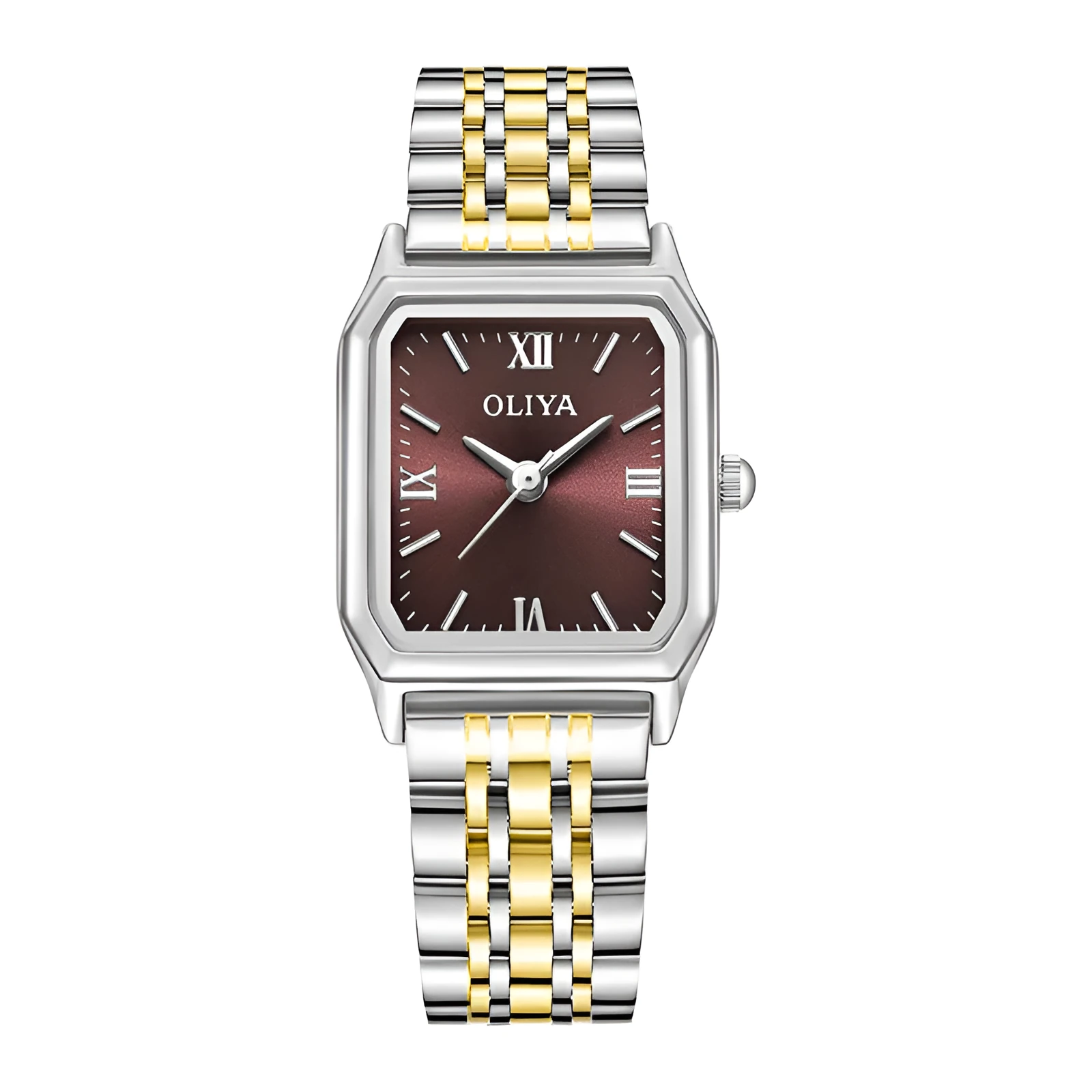 Women's square casual watch with white shell coffee dial, stainless steel strap, and mineral glass mirror on light background