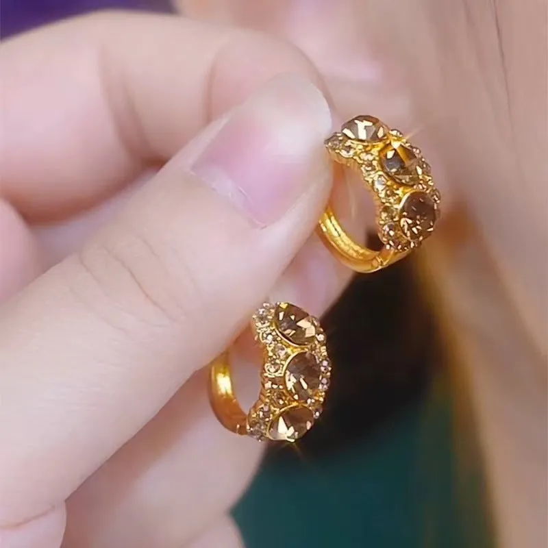 Gold metal hoop earrings with diamond-embedded brown zircon stones, geometric shape, for women