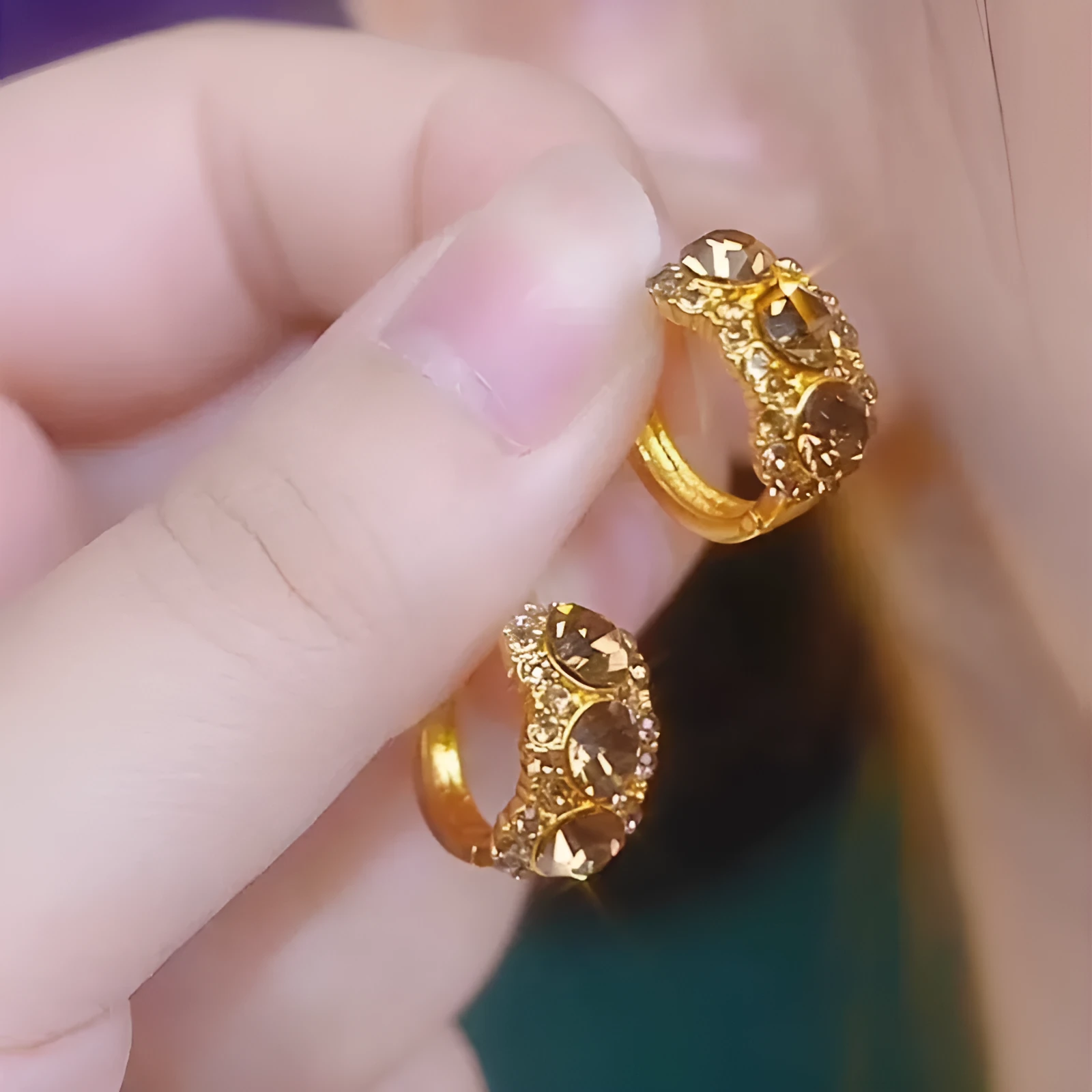Gold metal hoop earrings with diamond-embedded brown zircon stones, geometric shape, for women