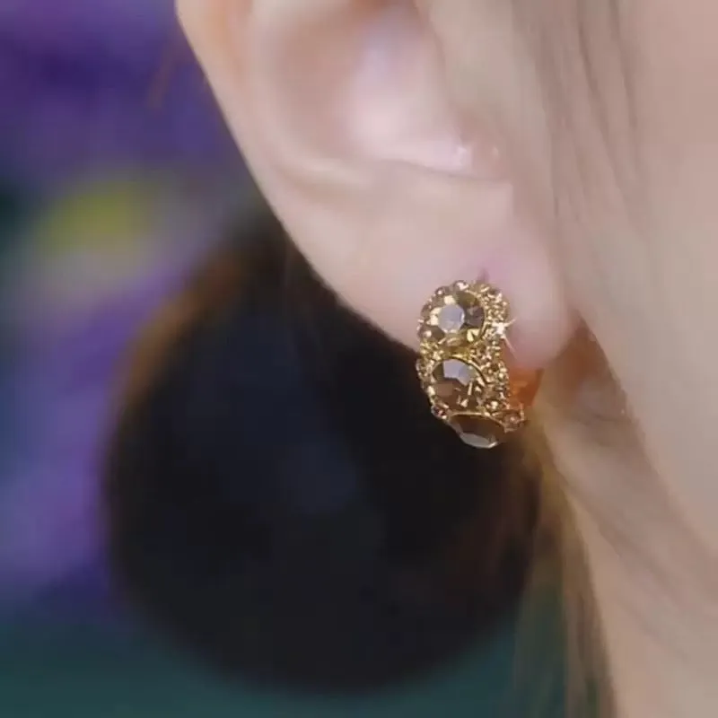 Gold metal hoop earrings with diamond-embedded brown zircon stones, geometric shape, for women