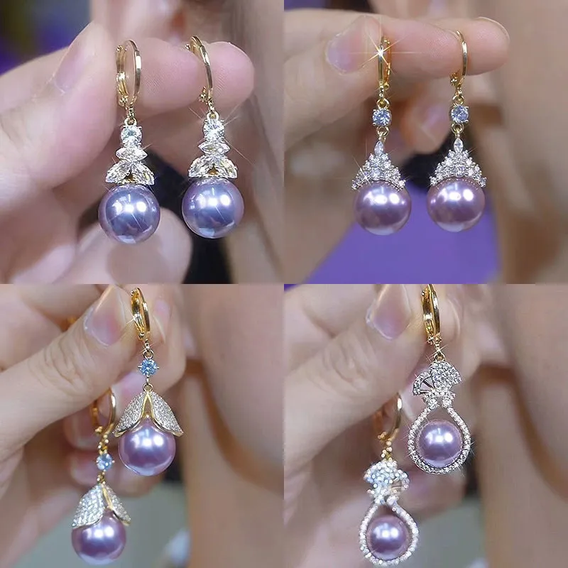 Purple alloy drop shape ear clip with crown design and electroplated finish for women
