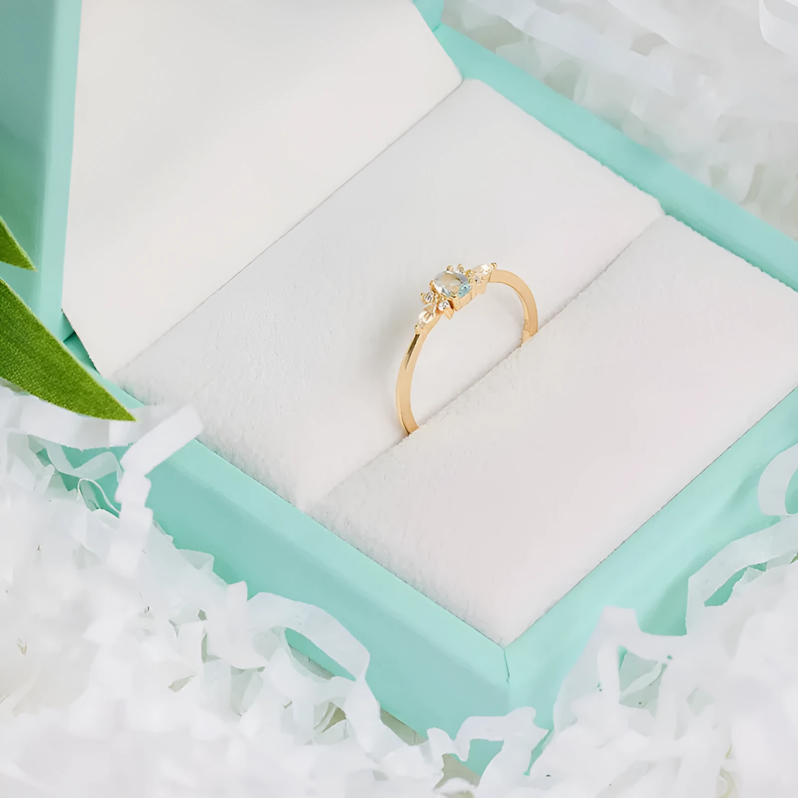S925 sterling silver sky blue floral geometric ring for women on white background