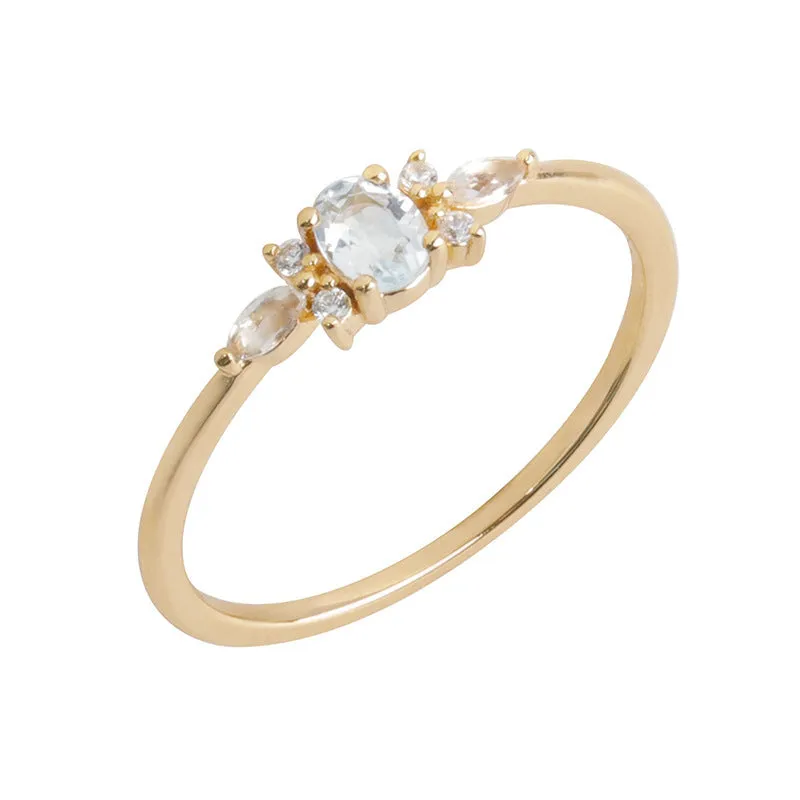 S925 sterling silver sky blue floral geometric ring for women on white background