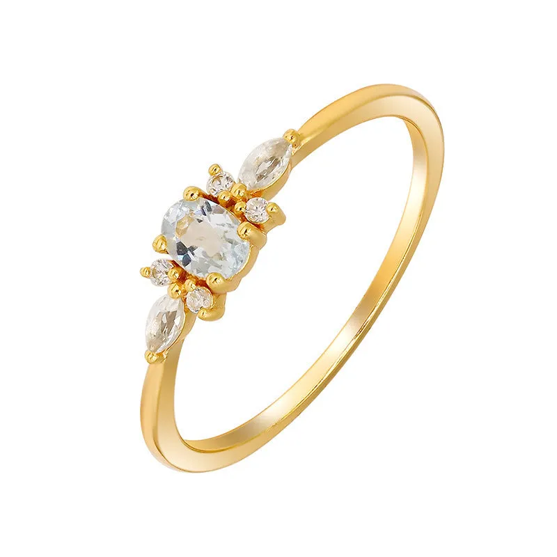 S925 sterling silver sky blue floral geometric ring for women on white background