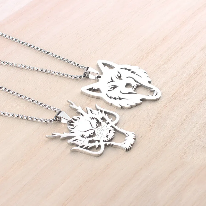 Hollow wolf head stainless steel pendant necklace with polished finish and 60cm chain on neutral background
