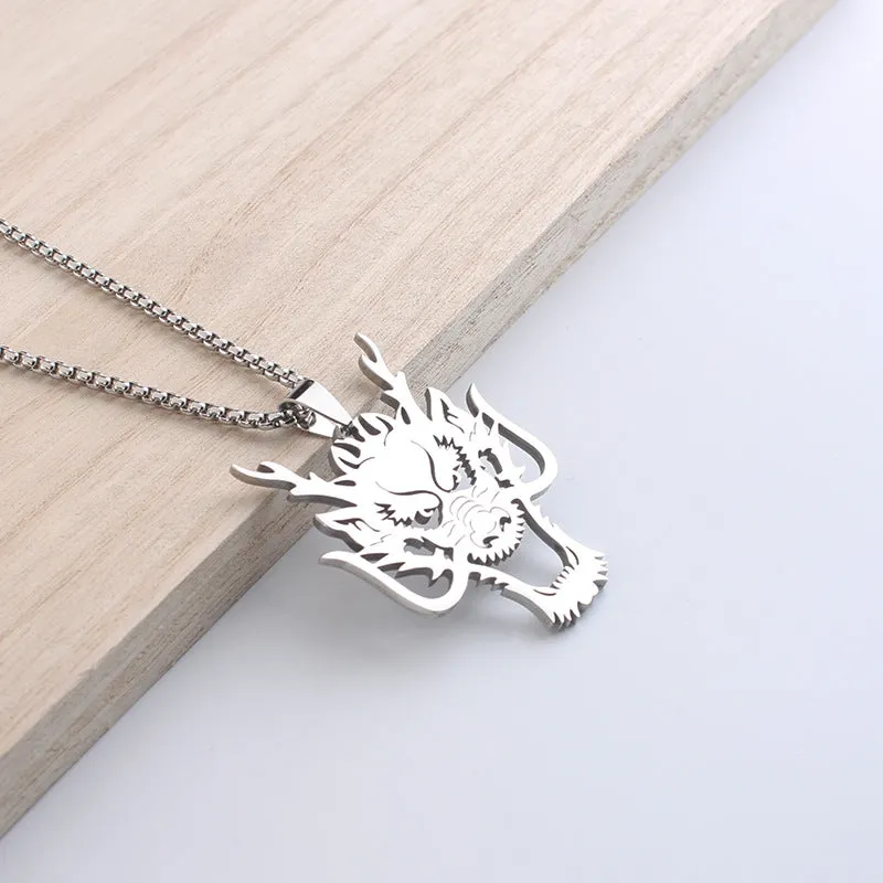 Hollow wolf head stainless steel pendant necklace with polished finish and 60cm chain on neutral background