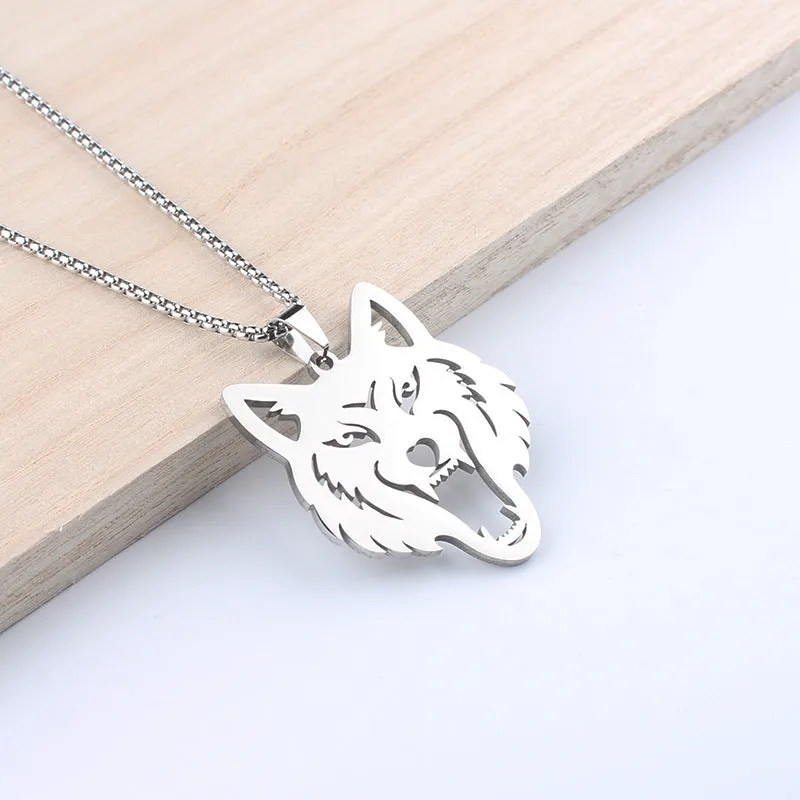 Hollow wolf head stainless steel pendant necklace with polished finish and 60cm chain on neutral background