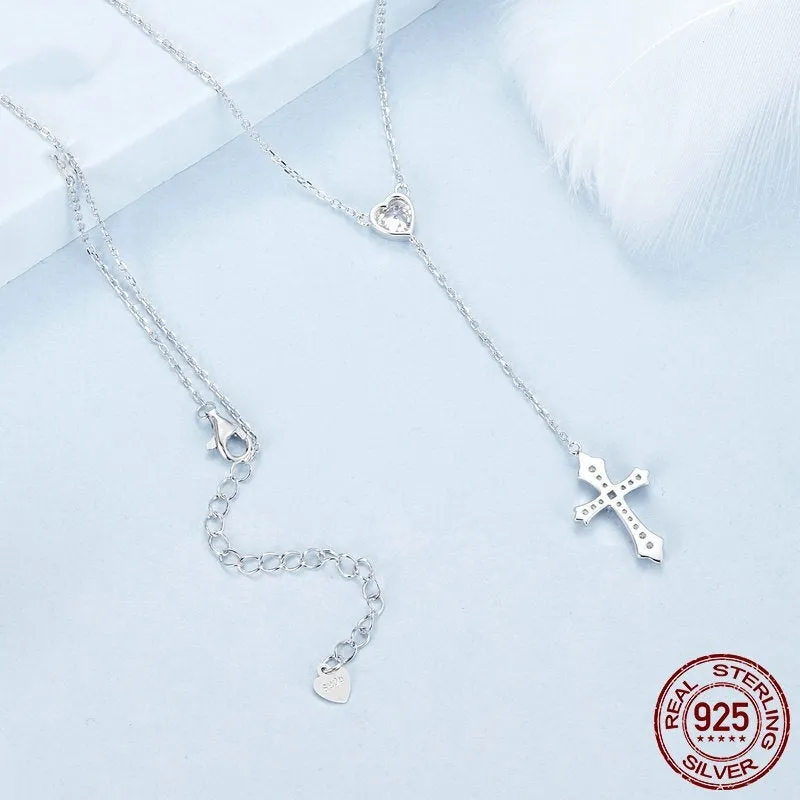 925 silver necklace with simple V-neck design and love cross pendant on O-ring chain
