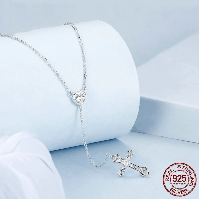 925 silver necklace with simple V-neck design and love cross pendant on O-ring chain