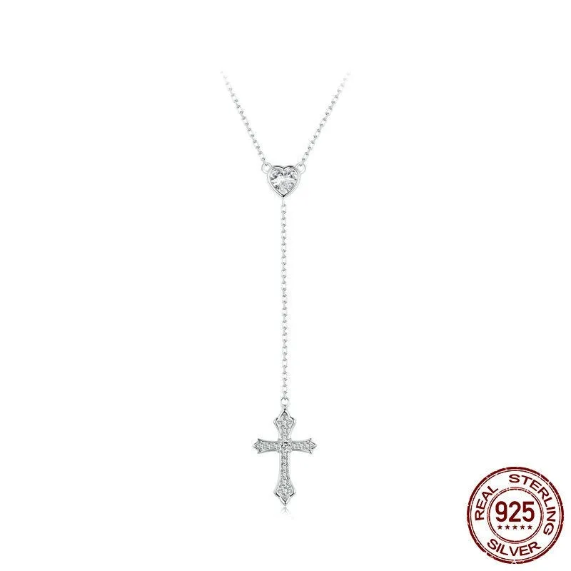 925 silver necklace with simple V-neck design and love cross pendant on O-ring chain