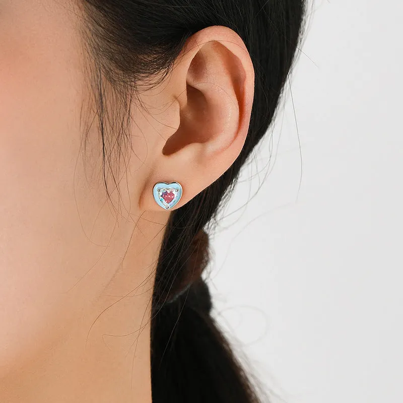 S925 sterling silver heart-shaped stud earrings with colourful zircon mosaic and epoxy accents on silver background