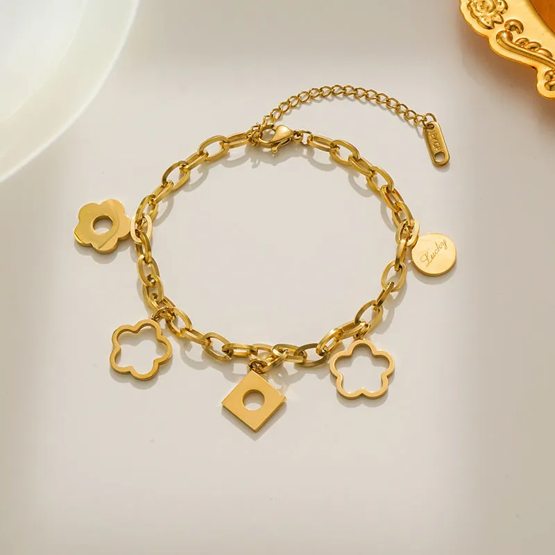 Titanium steel flower pendant bracelet for women, electroplated gold finish, diamond-shaped charm