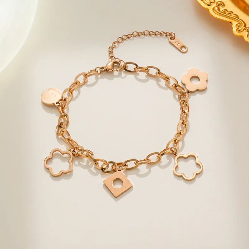 Titanium steel flower pendant bracelet for women, electroplated gold finish, diamond-shaped charm