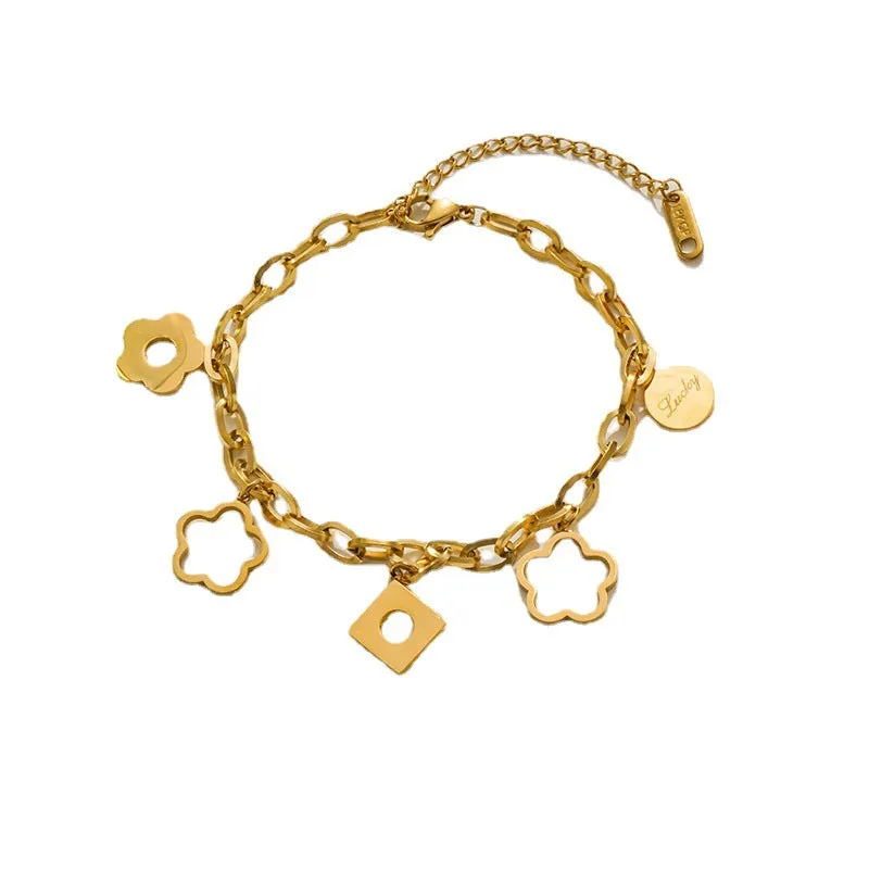 Titanium steel flower pendant bracelet for women, electroplated gold finish, diamond-shaped charm