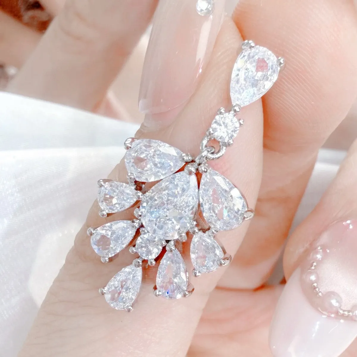 Women's AAA zircon ice flower stud earrings silver tone copper geometric studs on ear