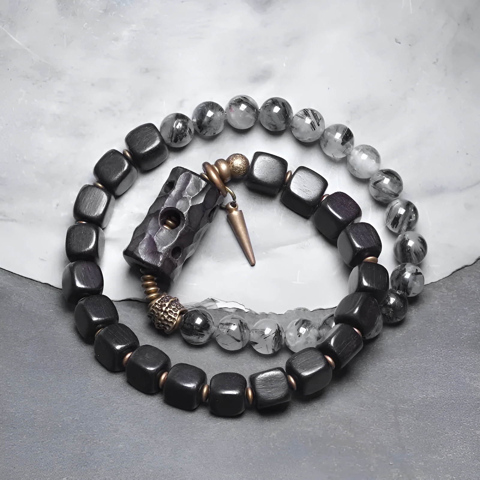 Ethnic style black hair crystal mixed handmade texture bracelet on wrist, unisex free size