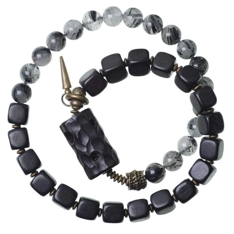 Ethnic style black hair crystal mixed handmade texture bracelet on wrist, unisex free size