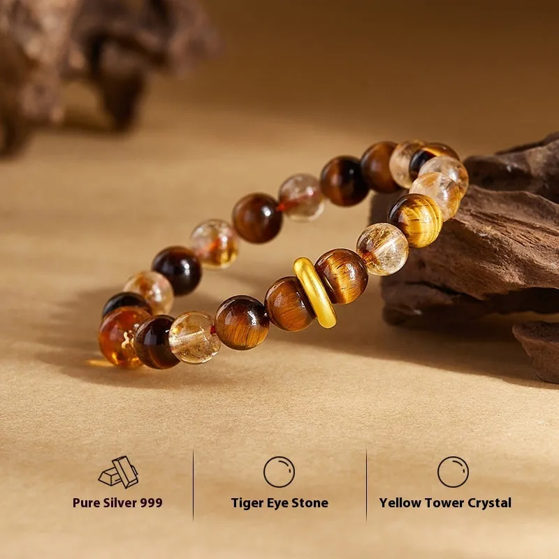 Women's sterling silver tigereye bracelet with 8mm dome tiger beads and certificate