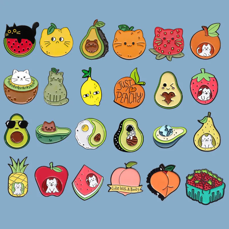 Colourful cartoon fruit design metal brooch with letters shape on a zinc alloy pin.