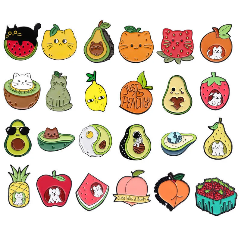 Colourful cartoon fruit design metal brooch with letters shape on a zinc alloy pin.