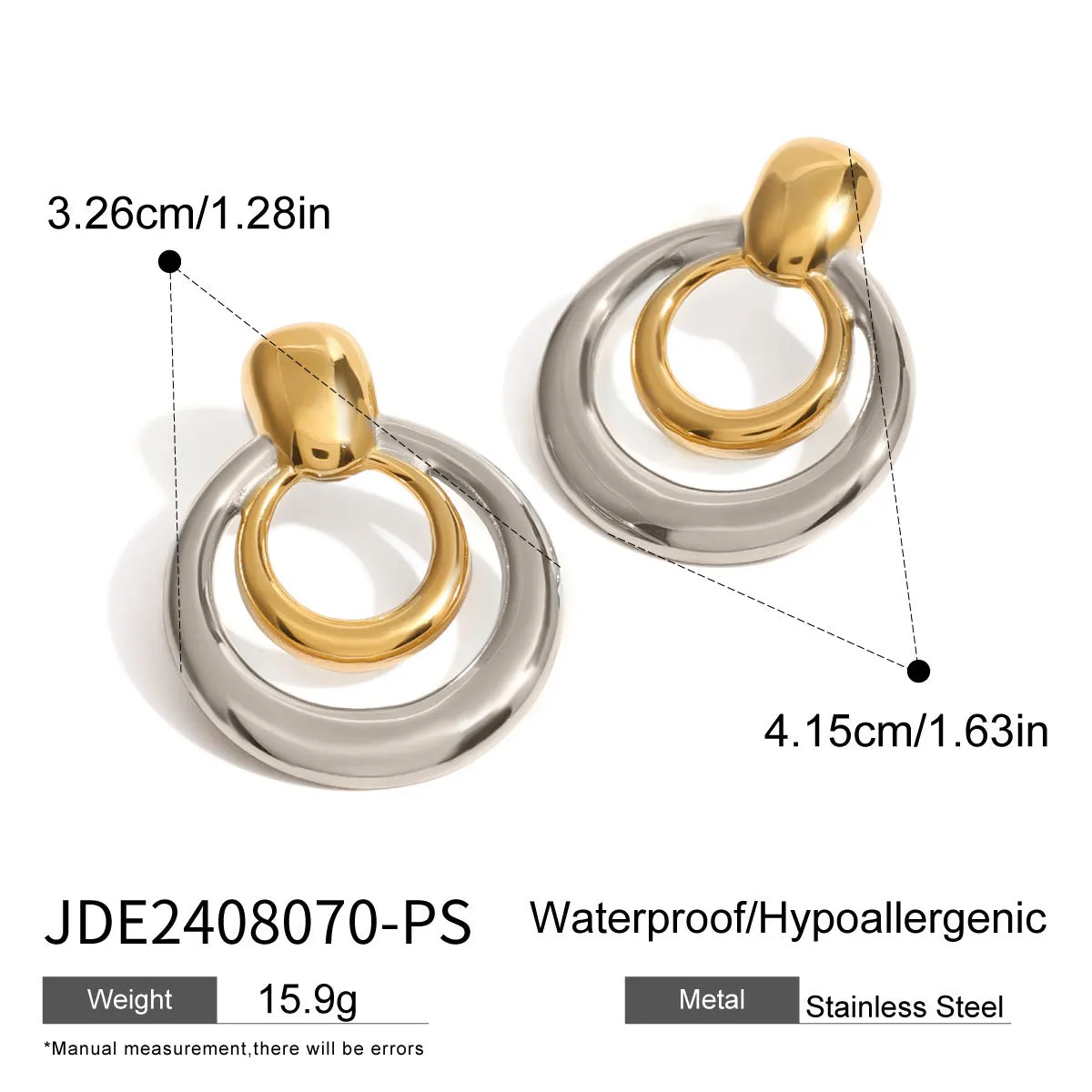 Golden round geometric stud earrings with hollow double layer design on white background