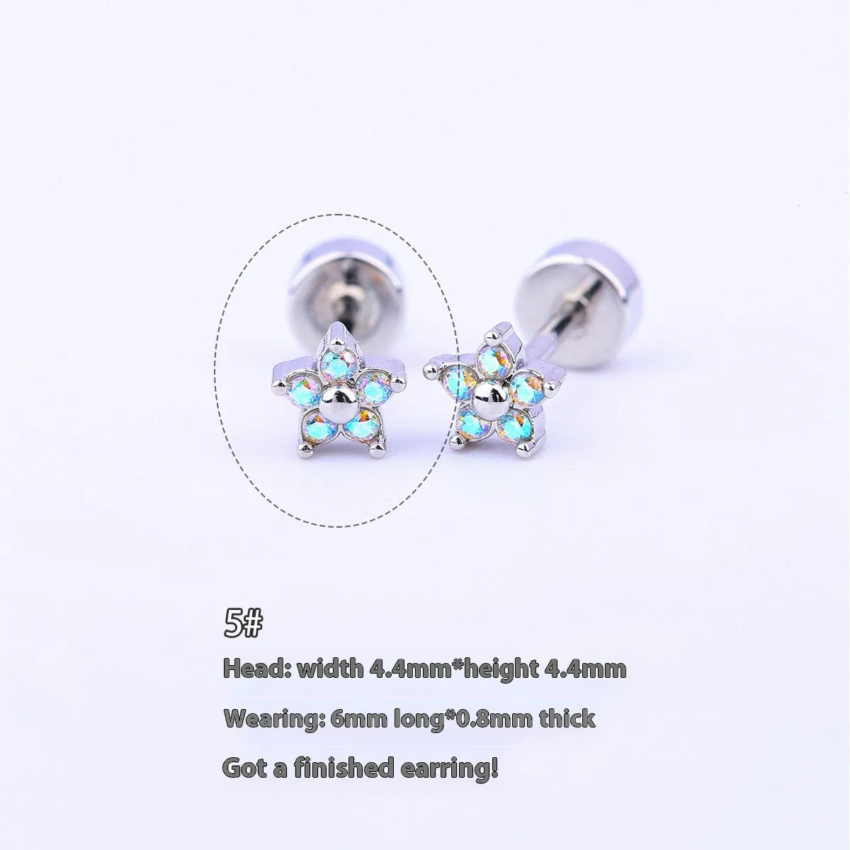 Titanium steel copper-plated gold micro inlaid zirconium five-petal plum flower ear studs in blue colour