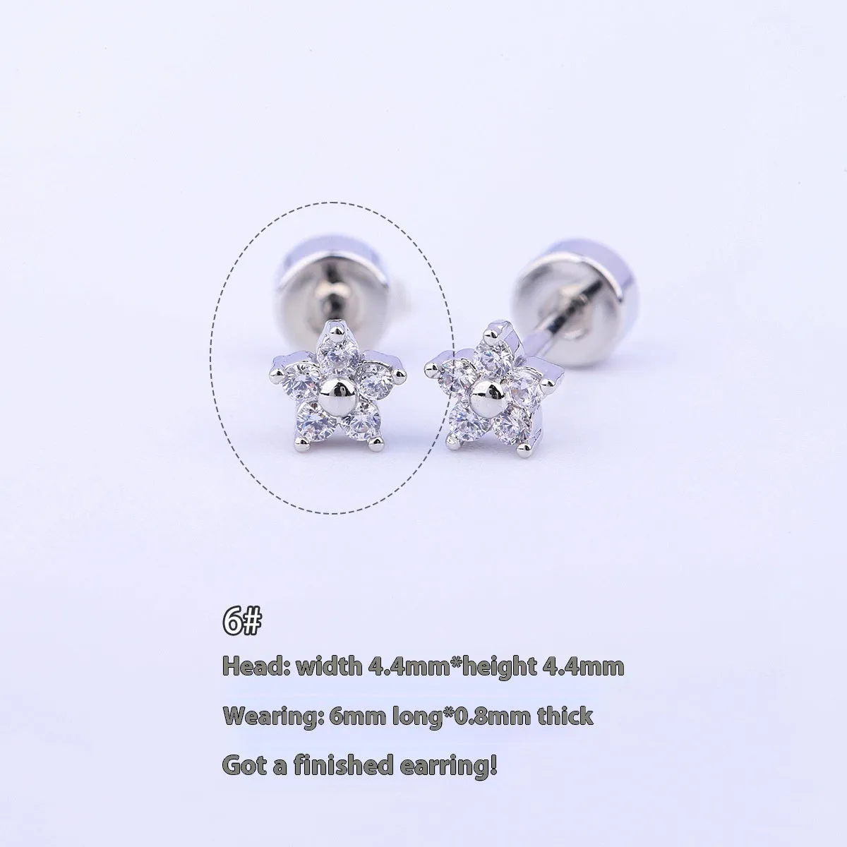 Titanium steel copper-plated gold micro inlaid zirconium five-petal plum flower ear studs in blue colour